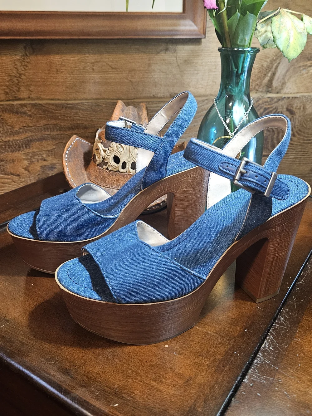 Mix No.6 Denim Platform Sandals with Wood-Effect Heel - Blue